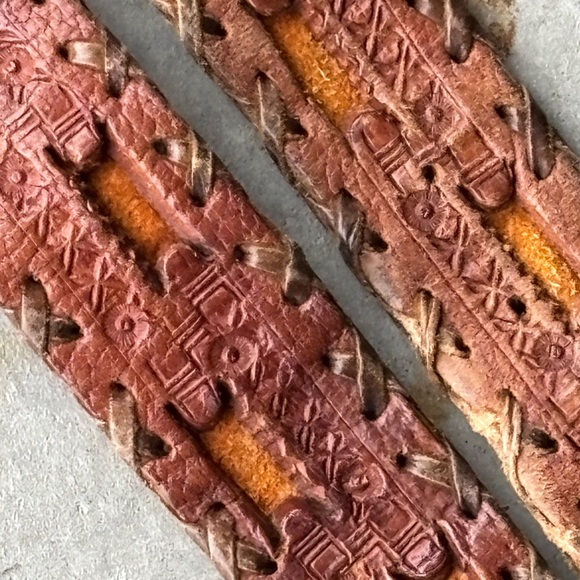 Vintage Tooled Leather Boho Belt Wood Buckle Woven Western Festival Belt Unisex - Picture 8 of 9